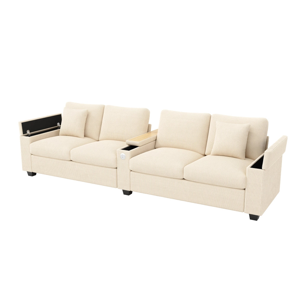 Divano 4 posti in velluto a coste con USB e USB-C bracciolo pieghevole vano contenitore beige 299 × 80 × 82,7 cm