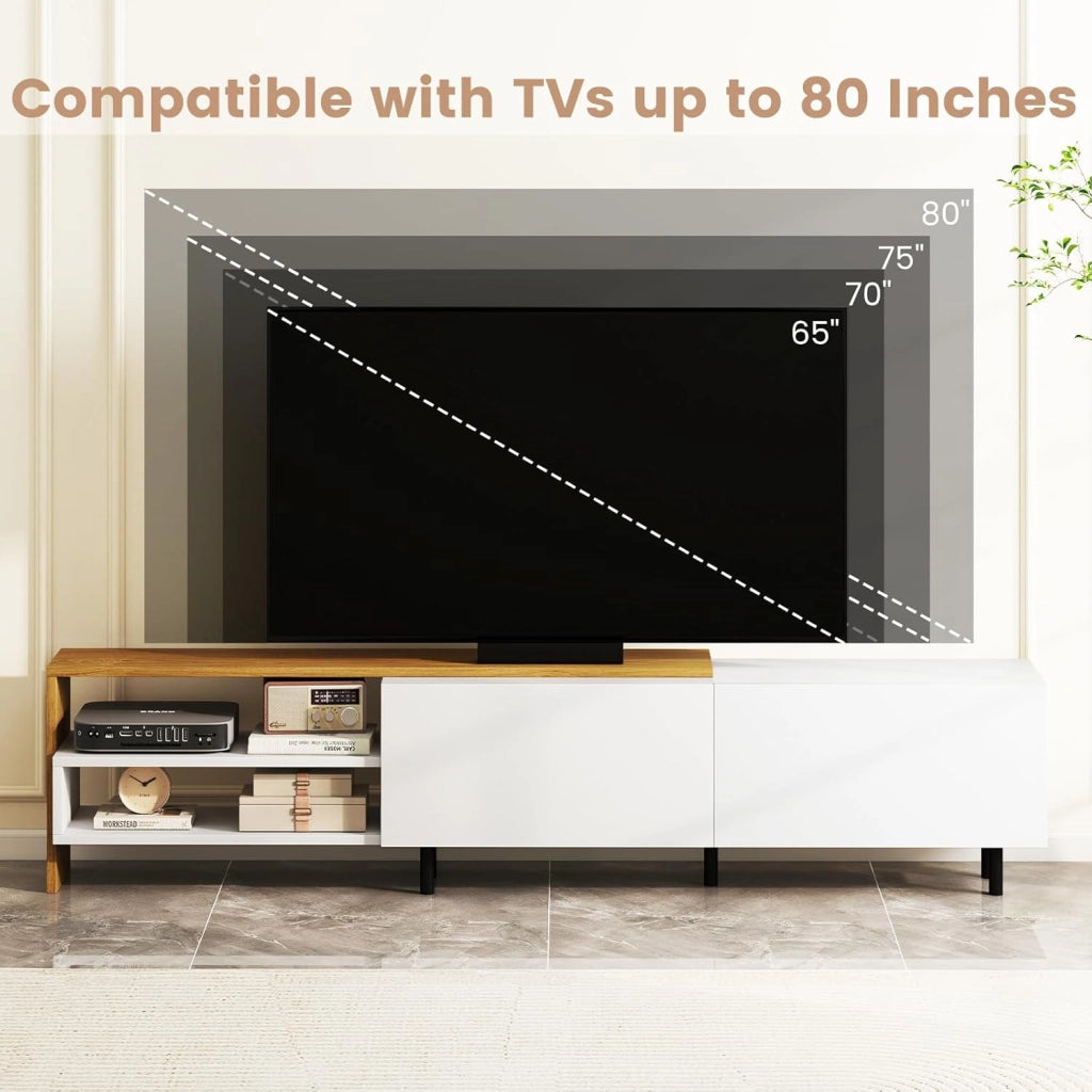Mobile TV Lowboard TV Board con 2 ripiani aperti e 2 armadi con ante per TV fino a 80 pollici, TV comò 181 cm di lunghezza, TV Lowboard in legno con gambe in metallo