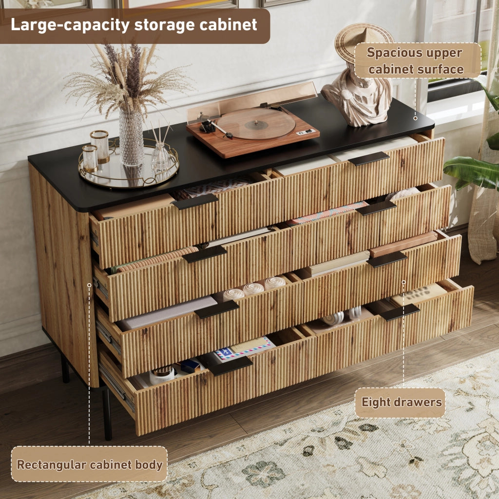 Credenza con 5 Cassetti; Rilievo Verticale; Piano Nero; Stile Moderno Nordico; in MDF; Naturale; 120??39;5??80 cm