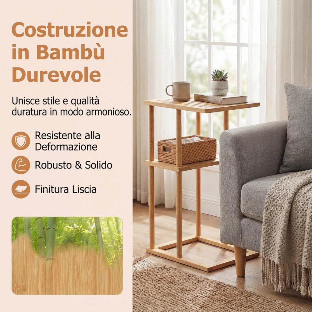 Set di 2 Tavolini a Forma di C, Tavolini Bassi in Bambù con Ripiani Portaoggetti, Tavolo Laterale da Divano per Piccoli Spazi, per Soggiorno, Camera da Letto, 40 X 28 X 65 CM (Modelli 1, 2)