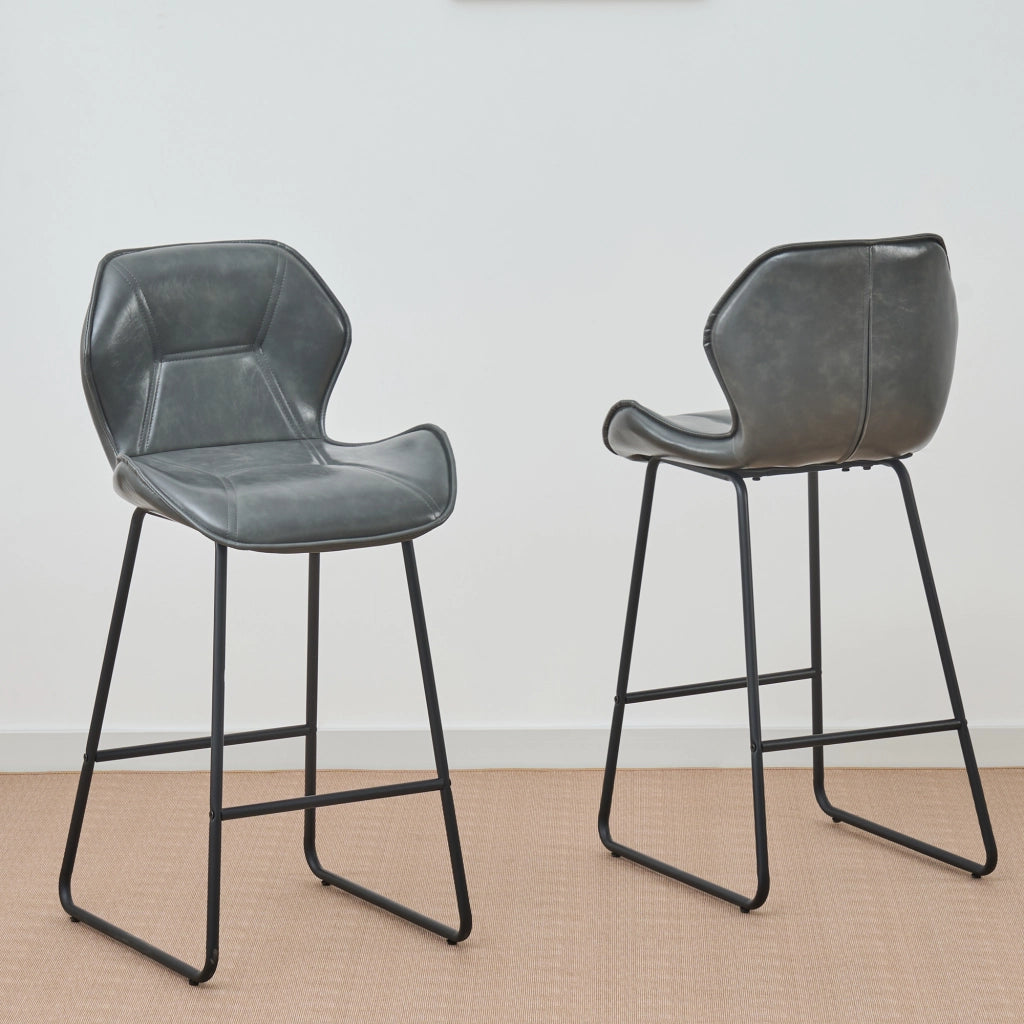 Set 2 Sgabelli da Bar in Ecopelle ¨C MINIMAL ¨C con Schienale, Struttura in Metallo, Poggiapiedi, Grigio