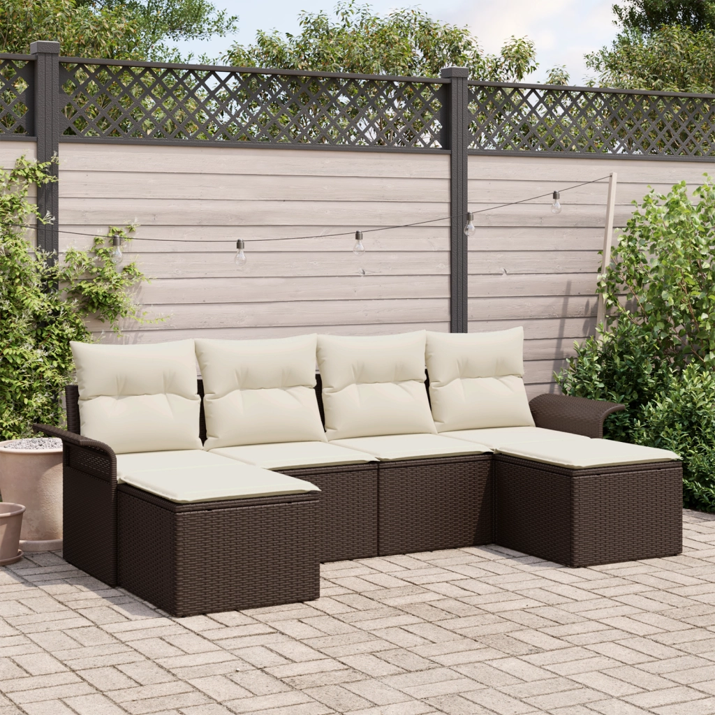 Set di Divano da Giardino 6 Pezzi con Cuscini Marrone Polirattan