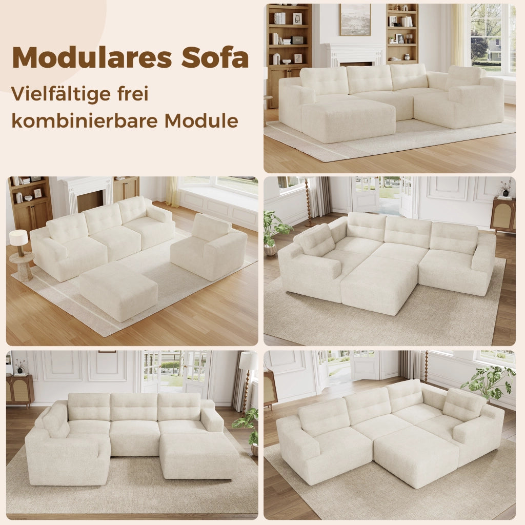 Divano modulare a U componibile con poggiatesta alto e pouf design senza telaio senza montaggio in chenille beige