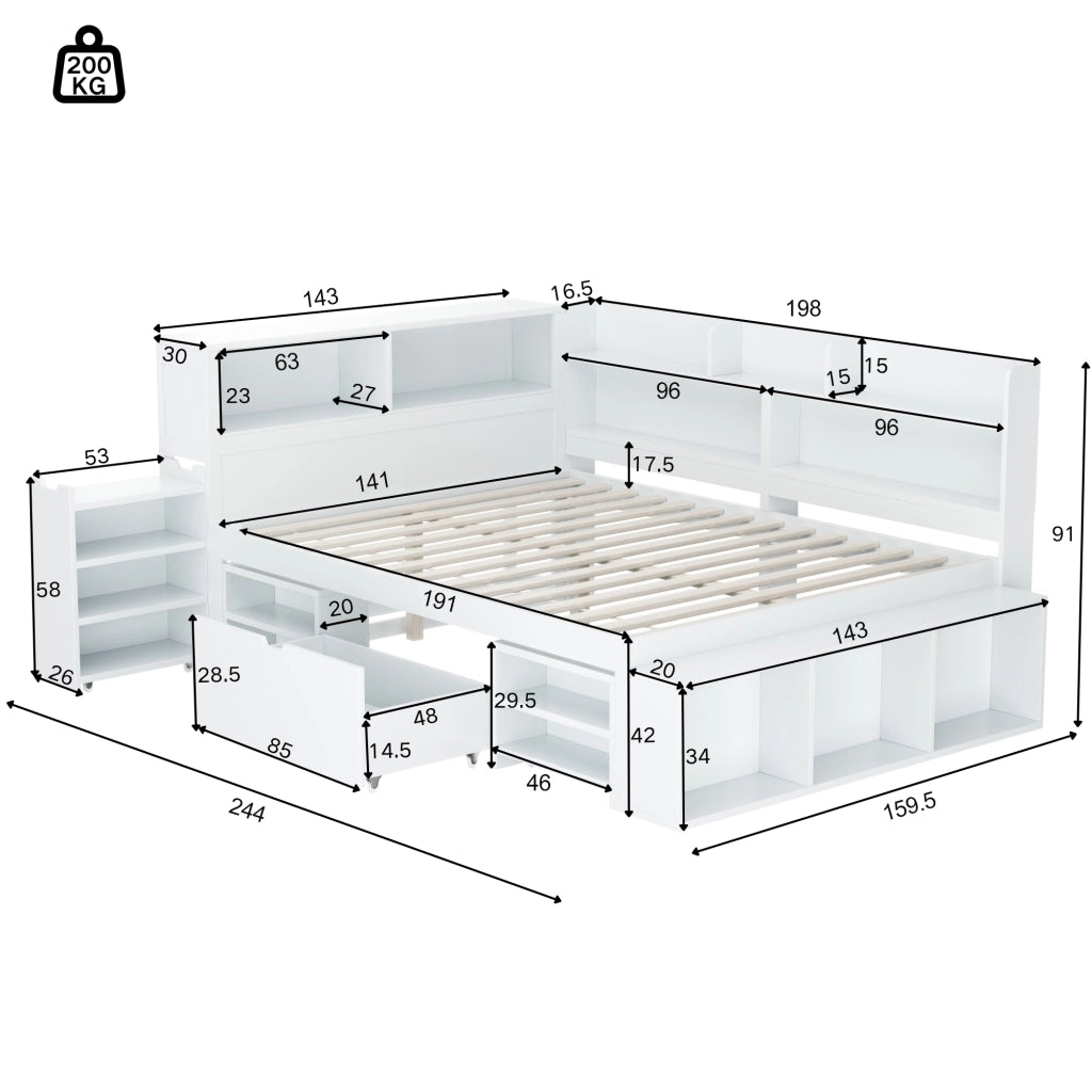 Letto bambino multifunzione con cassetti e ripiani, 140x190 cm, bianco