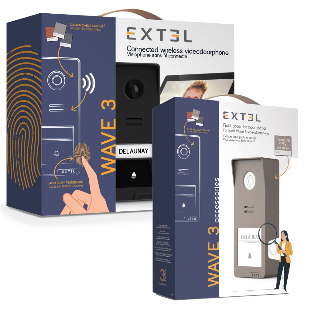 Extel Wave 3 Videocitofono Senza fili Smart Wi-Fi con impronta digitale e controllo da smartphone, Visione Notturna, Apertura da remoto + Cover Esterna Color Titanio