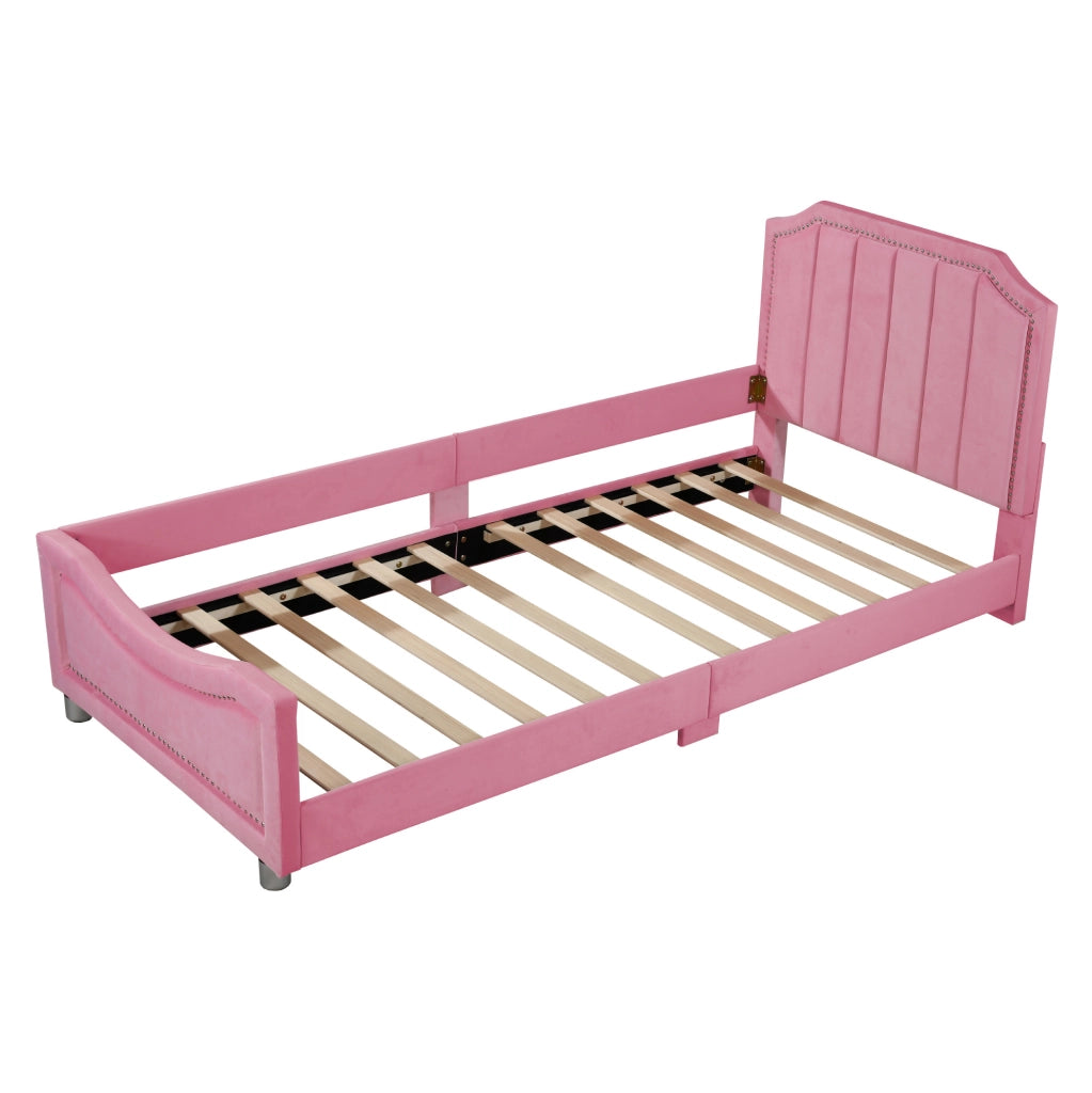 Letto imbottito per bambini 90x200 cm con schienale e braccioli in flanella rosa