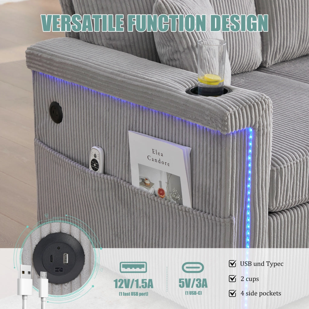 Divano in Velluto con Contenitore, LED e Portabicchieri ¨C MINIMAL ¨C Grigio Chiaro