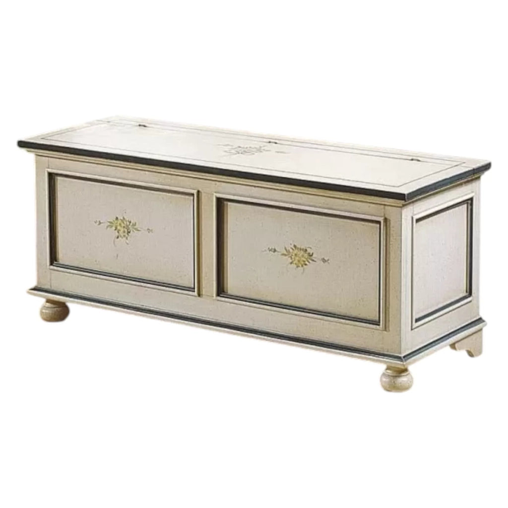 Cassapanca in legno bianco con profilo azzurro l.100 x p.44 h.51 (1348) - Mobili 2G
