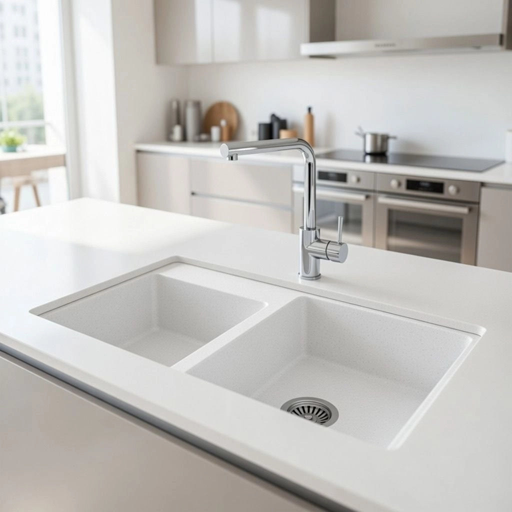 Lavello 86 cm da incasso in sintetico effetto granito due vasche - Bianco