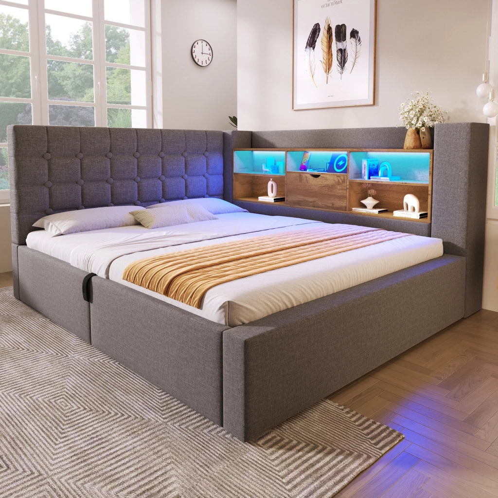 Letto imbottito 140x200 cm grigio con materasso, LED, USB e contenitore idraulico