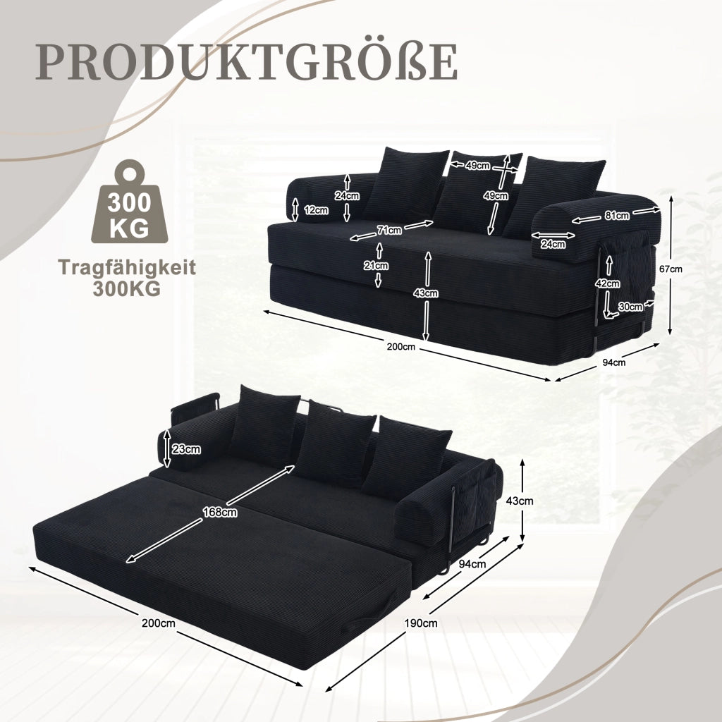 DIVANO modulare 200x94x67 cm in velluto a coste nero con 3 cuscini