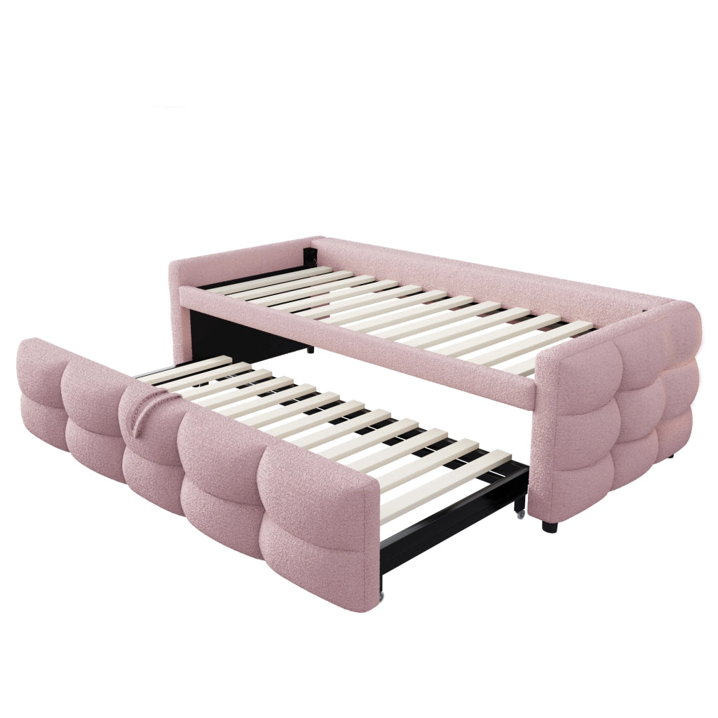 Letto imbottito estraibile combinato 90/180 x 190 cm, velluto Teddy, rosa, con rete a doghe