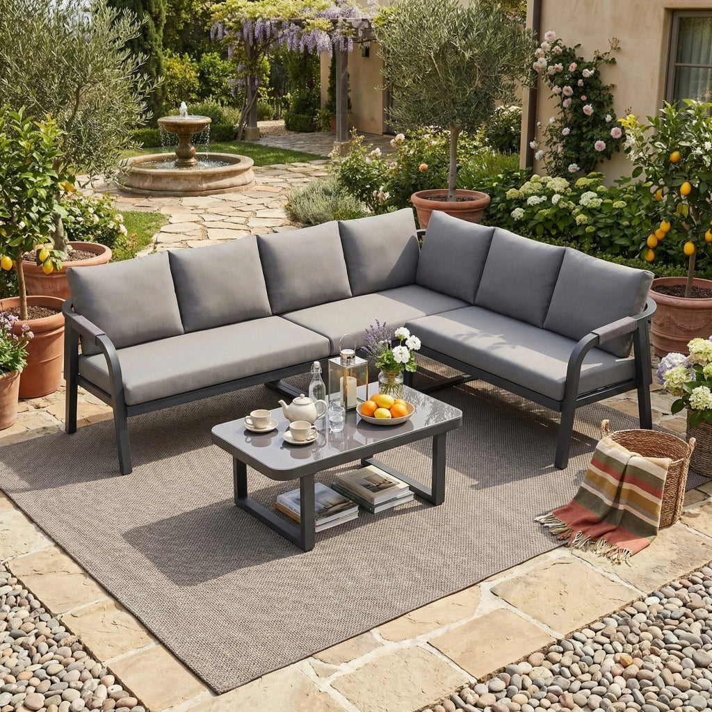 Set Divano da Giardino Angolare con Tavolino ¨C MINIMAL ¨C Polyrattan Grigio, 6 Posti