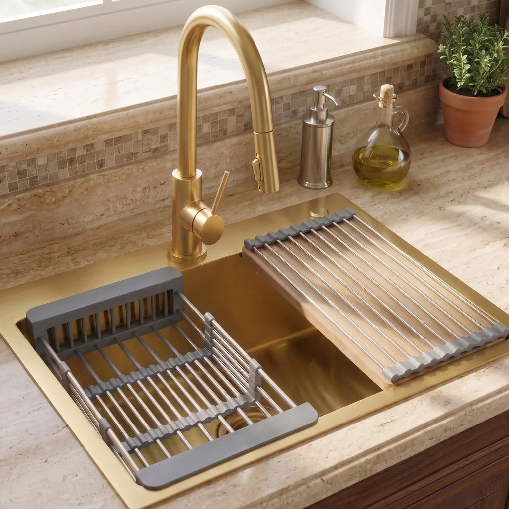 Lavello In Acciaio Con Set Di Accessori 3 Pz. Rea Liam Brush Gold Accessori beige