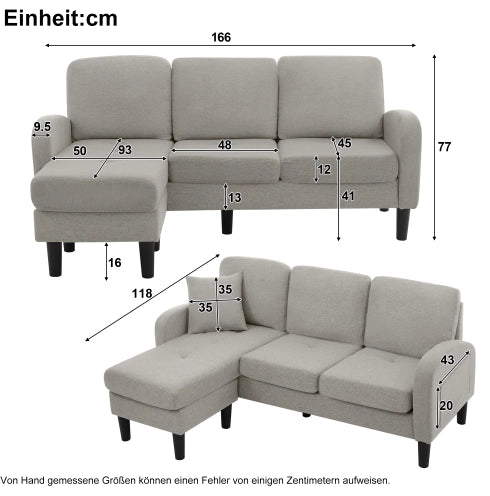 Divano angolare modulare con chaise longue 166x118x77 cm; tessuto effetto lino grigio