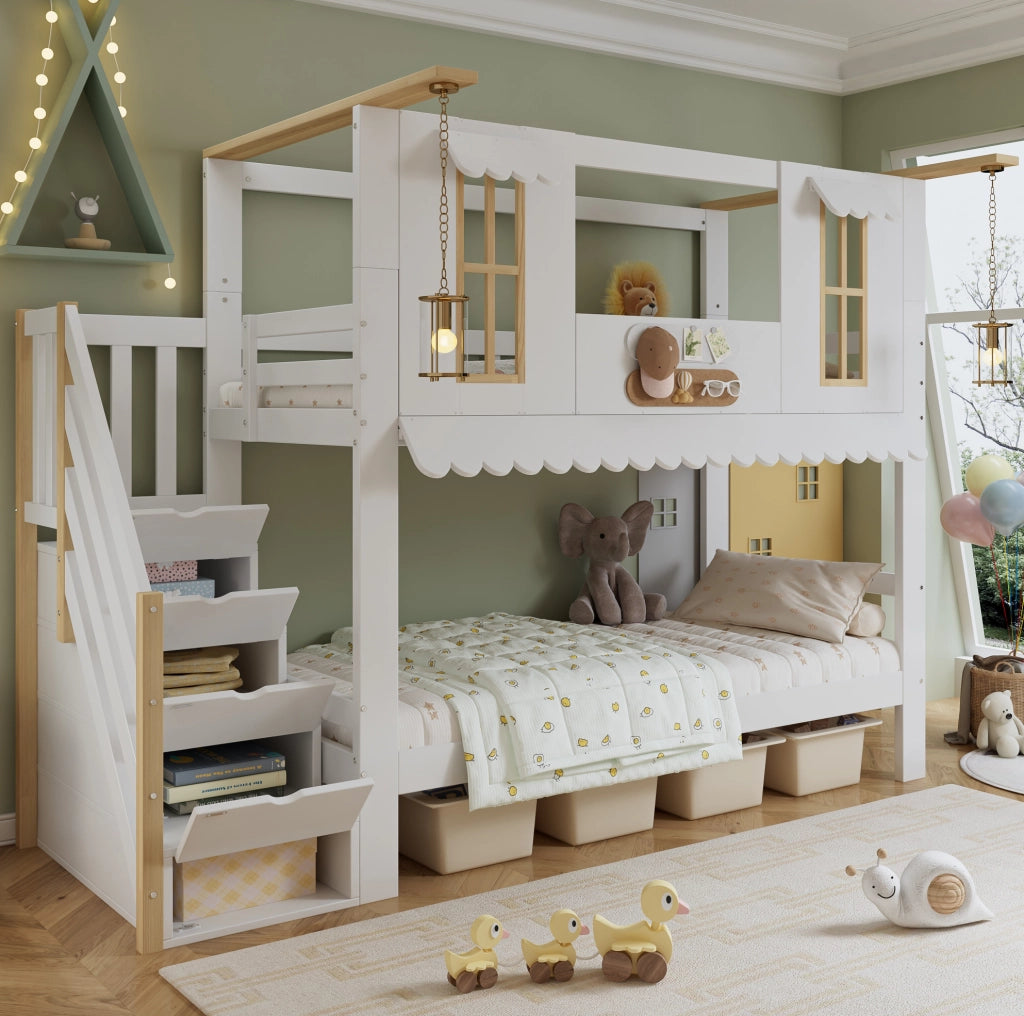 Letto a castello per bambini 90x200 cm con scala contenitore e design a casetta