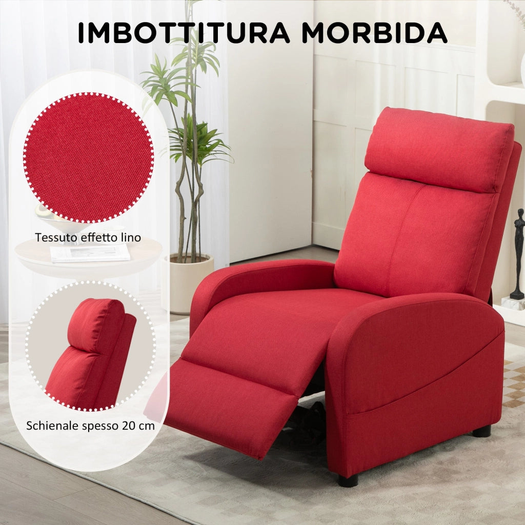 Poltrona Relax Reclinabile con Poggiapiedi in Tessuto Effetto Lino Rosso