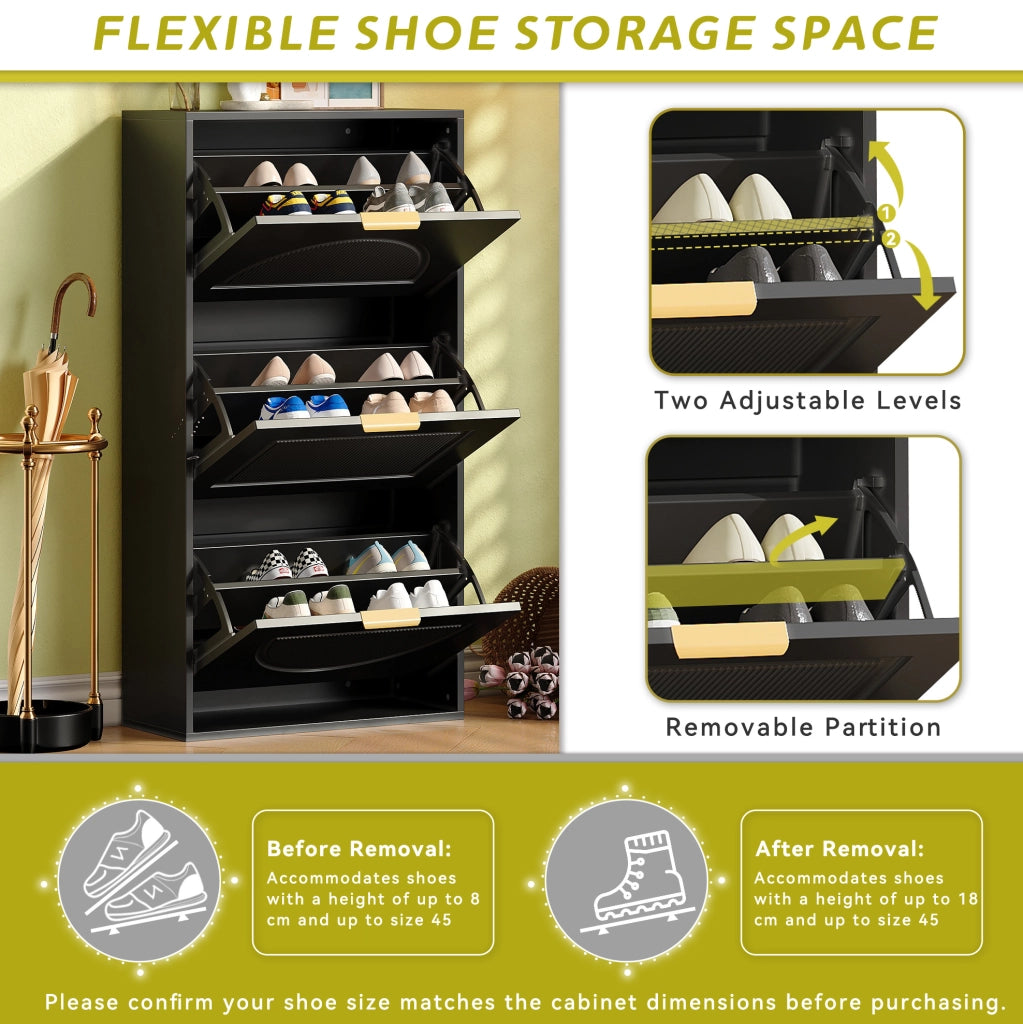 Mobile portascarpe stretto con ribalta; 60x24x114 cm; in MDF e truciolare nero