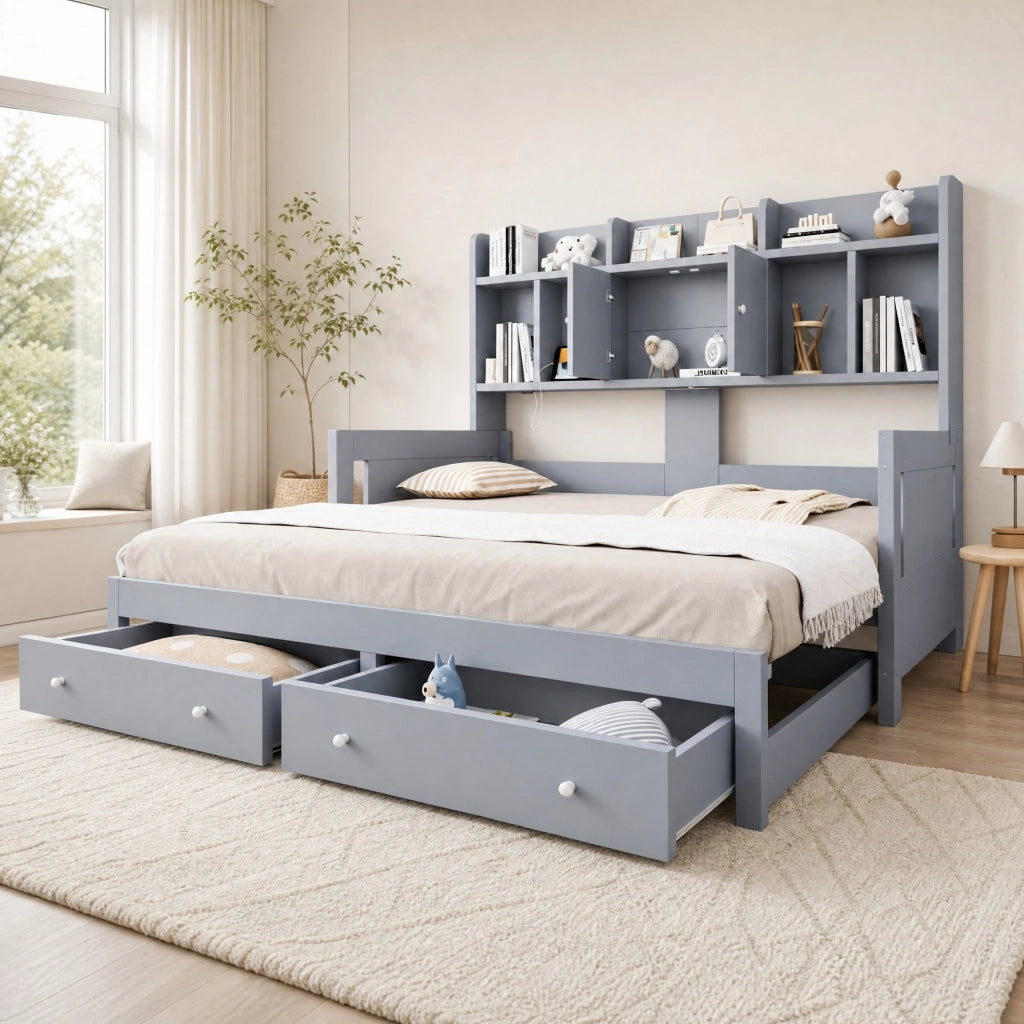 Divano letto estraibile multifunzione 90x190 cm in legno; grigio