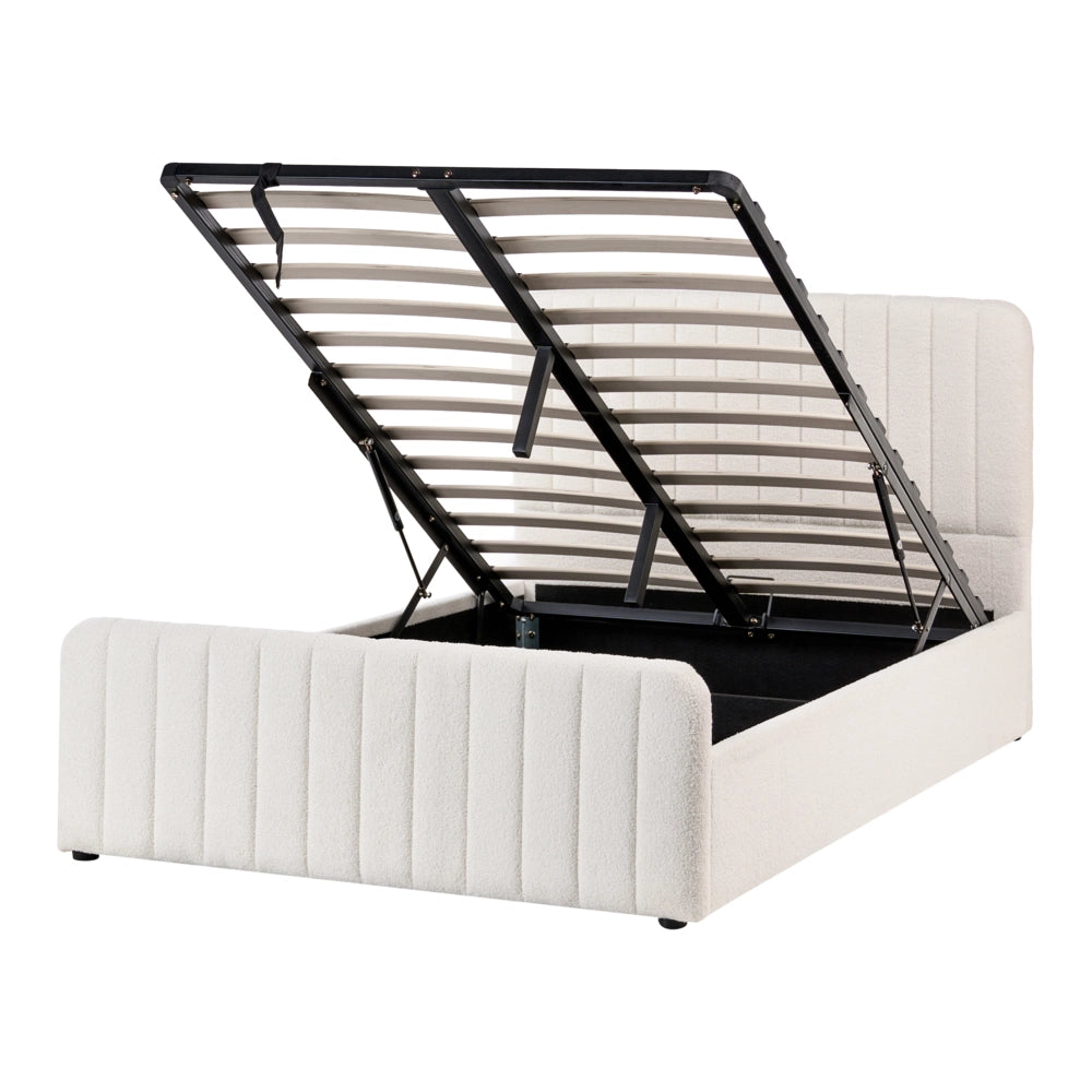Letto matrimoniale con contenitore imbottito Boucle tessuto bianco 120 x 200 cm con testiera e pediera contenitore sollevabile