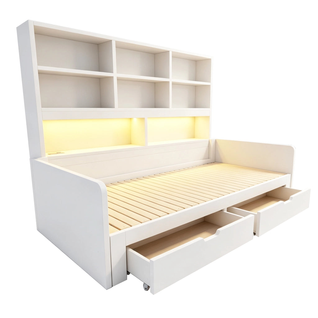 Letto 90x200 cm estraibile con LED e prese in MDF