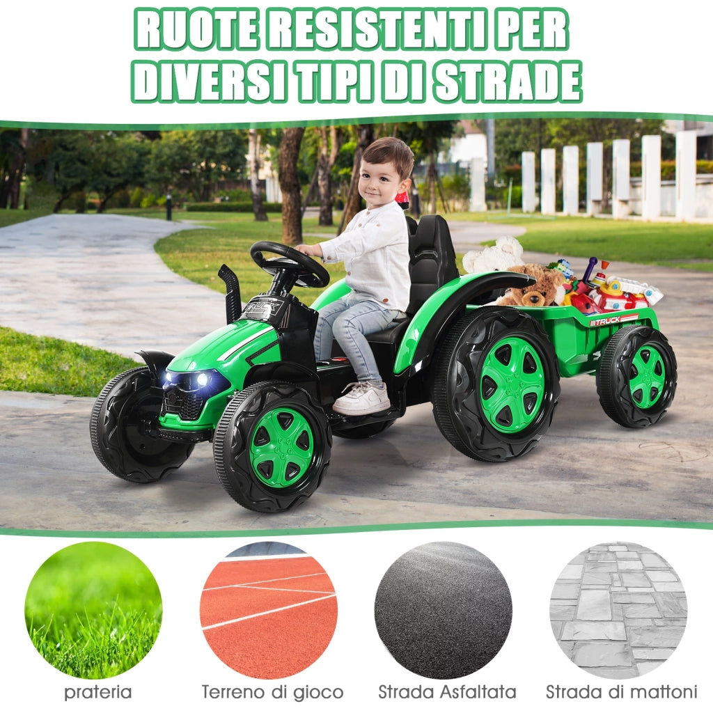 Trattore elettrico per bambini con rimorchio e telecomando, Trattore giocattolo con cintura di sicurezza Verde-Macchinine giocattoli