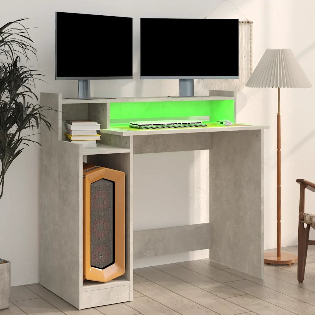 Scrivania | Tavolo da Ufficio con Luci LED Grigio Cemento 97x45x90cm in Multistrato