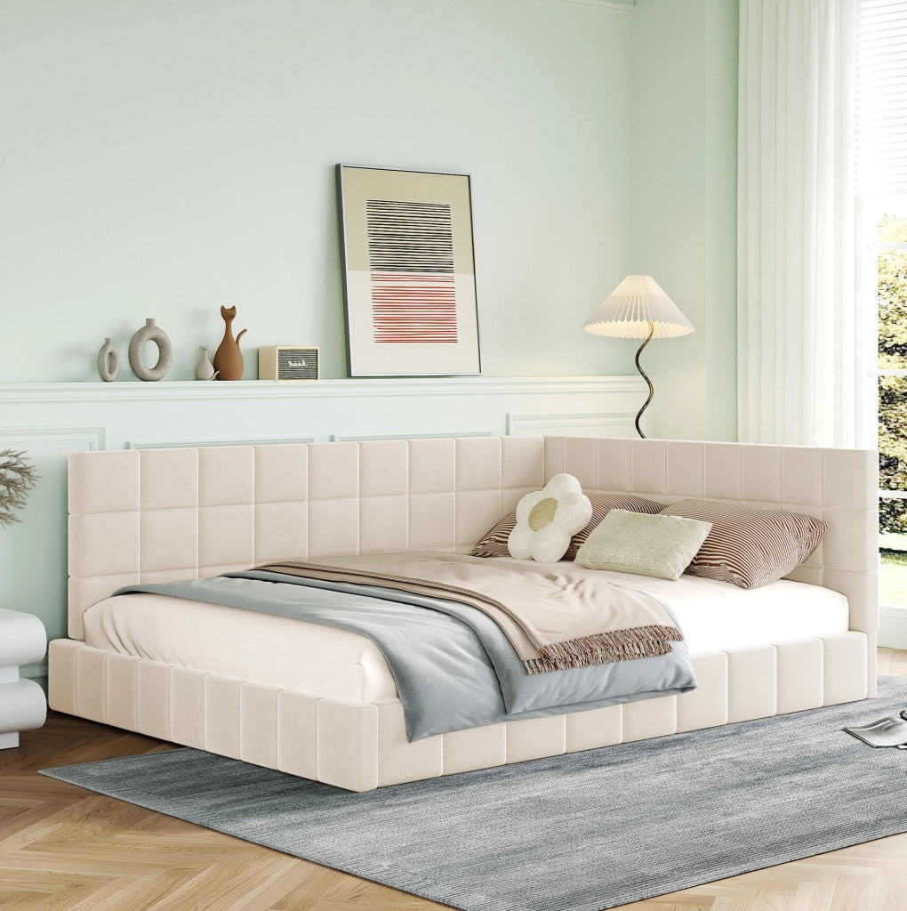 Letto da giorno 140x200 cm; design Mid-Century; tessuto beige (Senza materasso)
