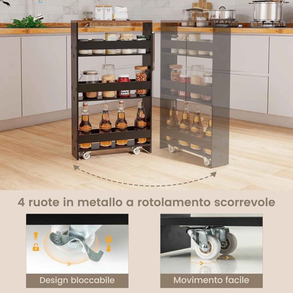 Carrello Portaoggetti da Cucina, Scaffale con Maniglia Laterale e Ruote, Carrello Salvaspazio con 3 Scaffali Stretti, 47,5x13x80,5 cm (Marrone+Nero)