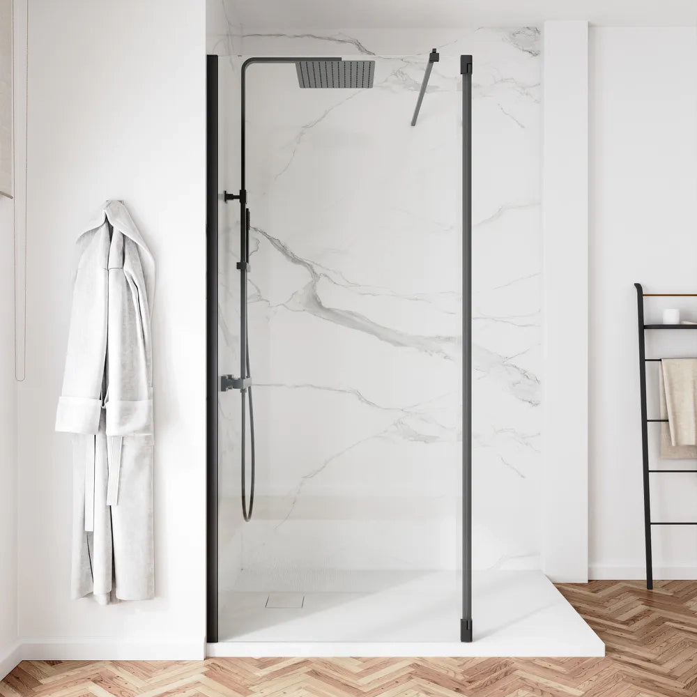 Doccia walk-in 80cm + anta 40cm vetro 8mm trasparente profili neri | Keros