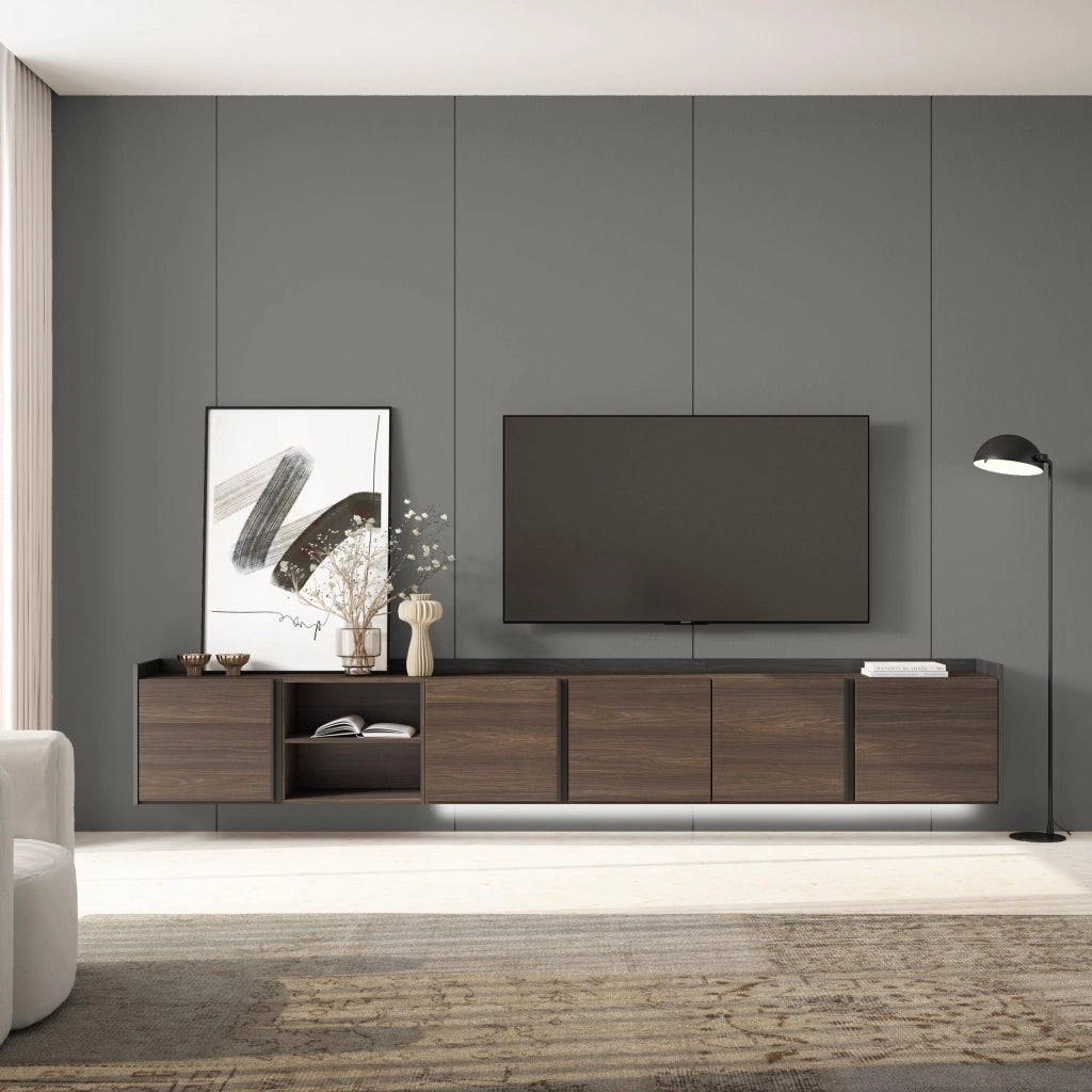 Mobile TV Soggiorno, 309x50x35 cm, Per TV fino a 80", Sospeso, da appendere, LED, Rovere scuro e Nero