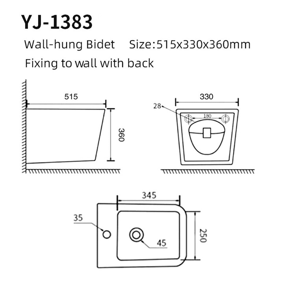 Bidet Sospeso YJ-1383 in Ceramica Bianco Lucido dal Design Squadrato