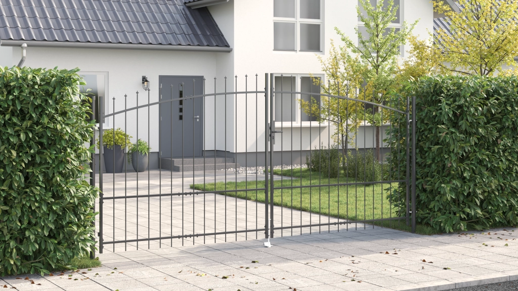 Cancello da Giardino con Punta a Lancia Doppio Battente Grigio 175x400 cm Acciaio