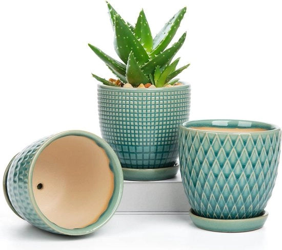 Set di vasi ceramici rotondi per piante succulente con ciotola e foro di drenaggio - per cactus e piante grasse - per uso interno ed esterno - diametro 11,2 cm
