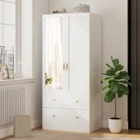 Armadio con specchio, 2 ante, 2 cassetti e asta appendiabiti, 80 x 50 x 180 cm, bianco