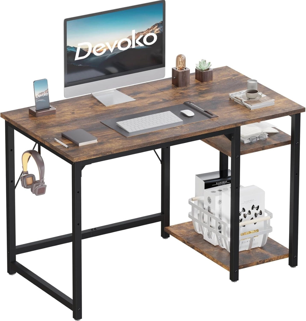 Scrivania Per Computer Industriale 120 x 50 cm, 2 Ripiani Regolabili Sinistra/Destra in Acciaio, Tavolo da Lavoro Mobile per Ufficio Casa Stile Vintage Marrone & Nero