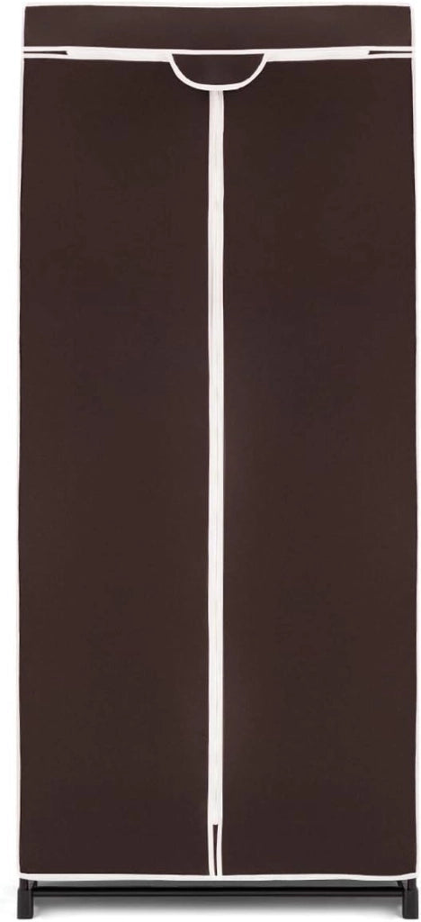 Armadio in Tessuto con Struttura in Metallo, Guardaroba Pieghevole con Asta Appendiabiti e Copertura Antipolvere, Armadio Singola Salvaspazio da Campeggio, 74 x 50 x 172 cm (Marrone)