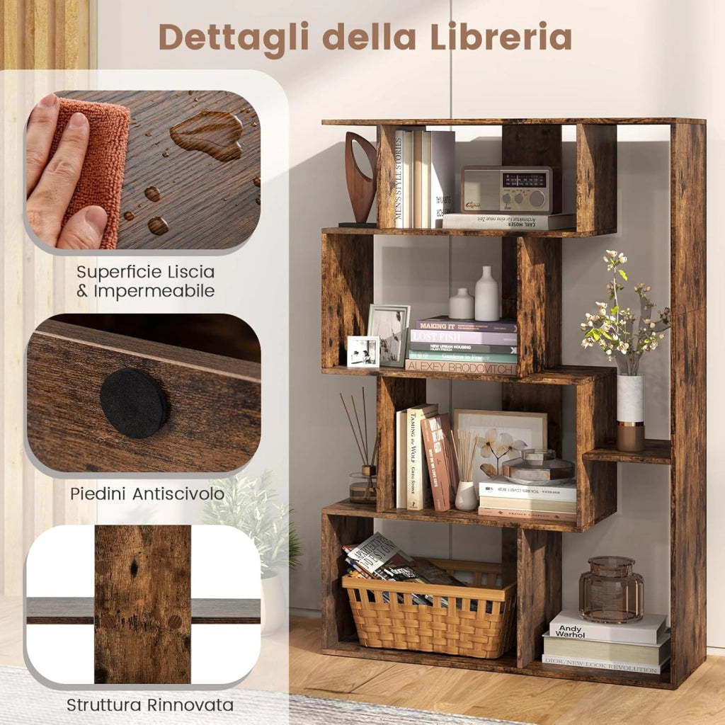 Libreria Geometrica Aperta, Scaffale a 6 Cubi con Kit Anti-Ribaltamento, Mensola Espositiva per Camera da Letto Studio Soggiorno, 80 x 30 x 119 cm (Marrone)