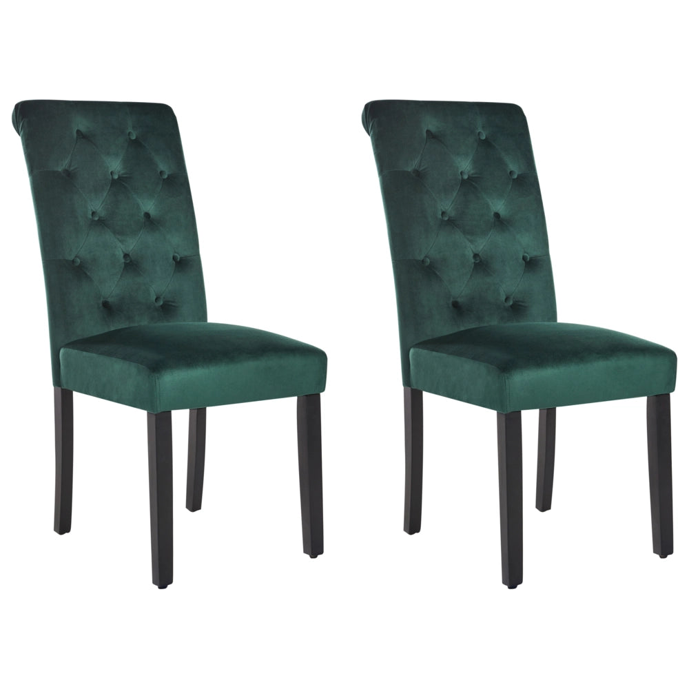 Set di 2 sedie da pranzo in velluto verde legno di gomma gambe nere bottoni e piedistalli