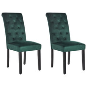 Set di 2 sedie da pranzo in velluto verde legno di gomma gambe nere bottoni e piedistalli