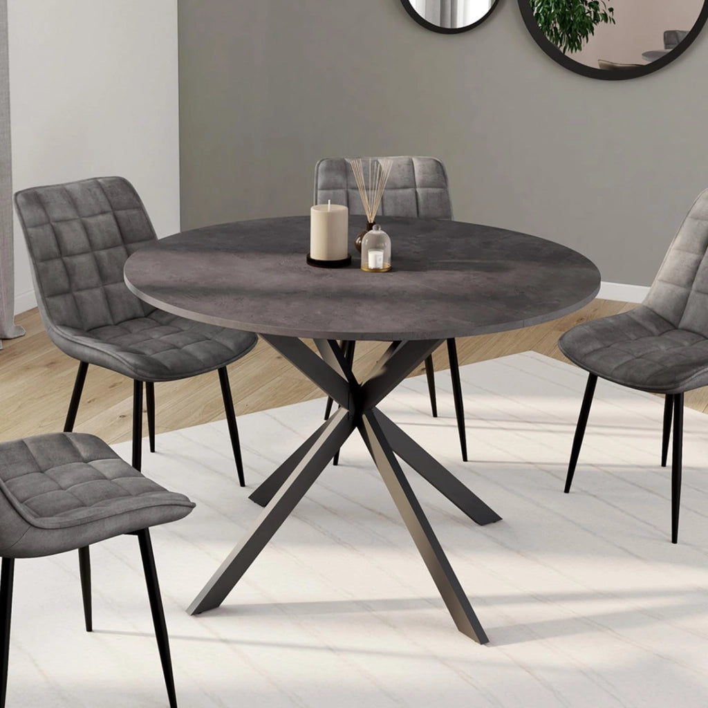 JASPE Tavolo da pranzo rotondo per 6 persone con piano effetto cemento e gamba a ragno grigio antracite 110 cm