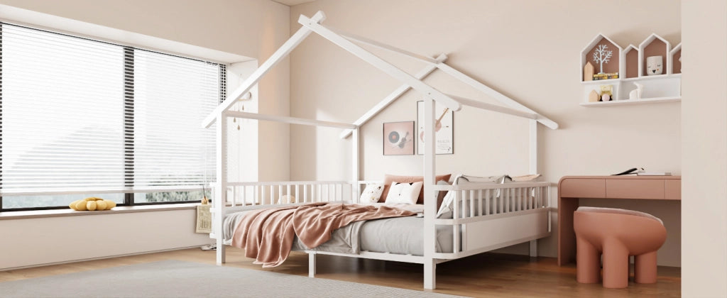Letto per bambini 140 × 200 cm a forma di casa con barriera di sicurezza, senza materasso, in metallo, bianco
