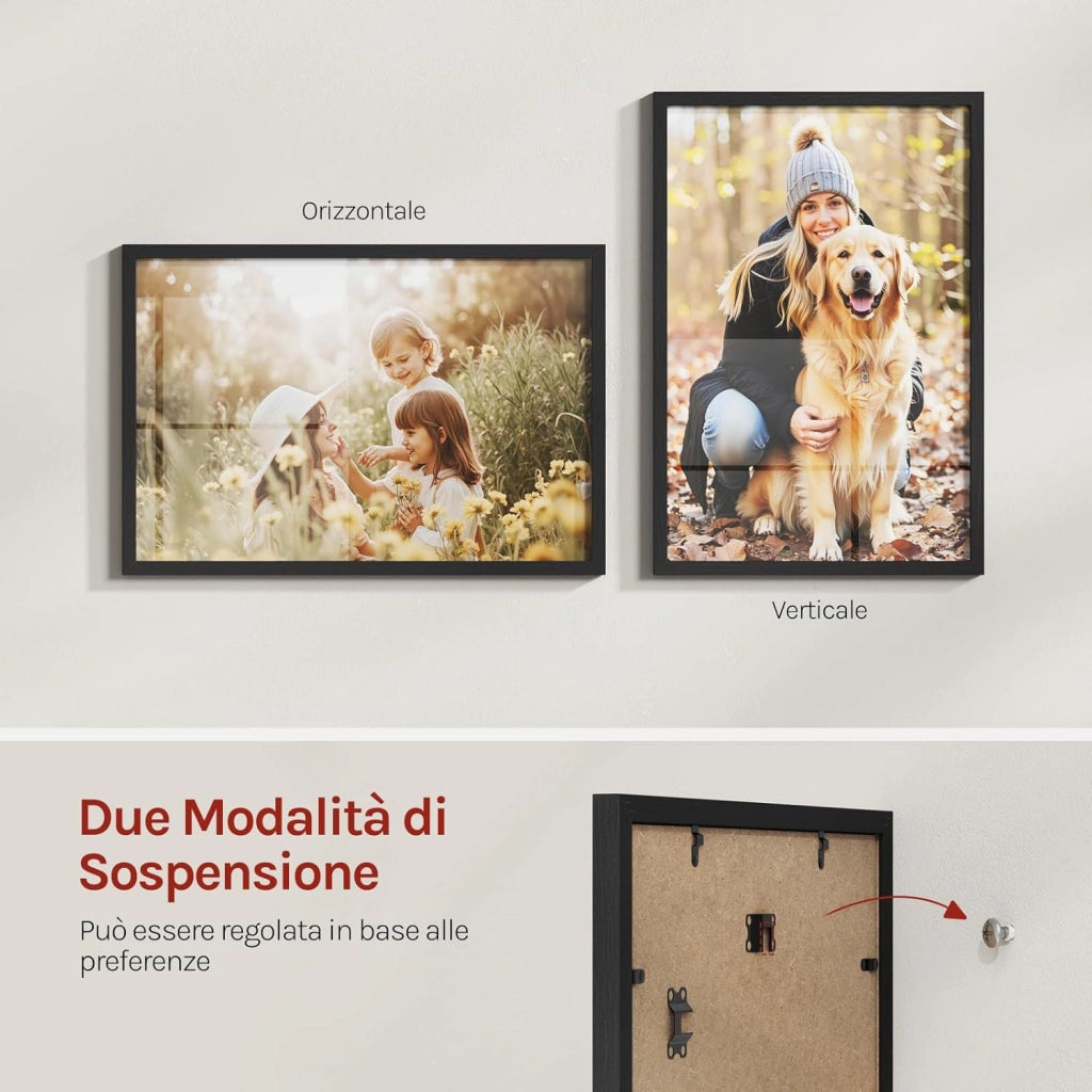 Set di 10 Cornici 50x70 cm con Passepartout, Portafoto in Orizzontale o Verticale, da Parete o Tavolo, in Legno MDF, Nero