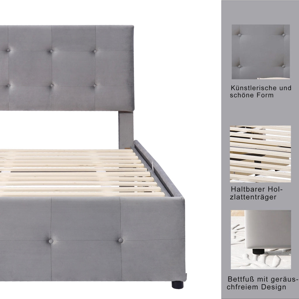 OKWISH Letto con Cassetto 90×200 cm, Letto Singolo con Cassetto, Testiera Regolabile e Rivestimento in Velluto, senza Materasso, Grigio