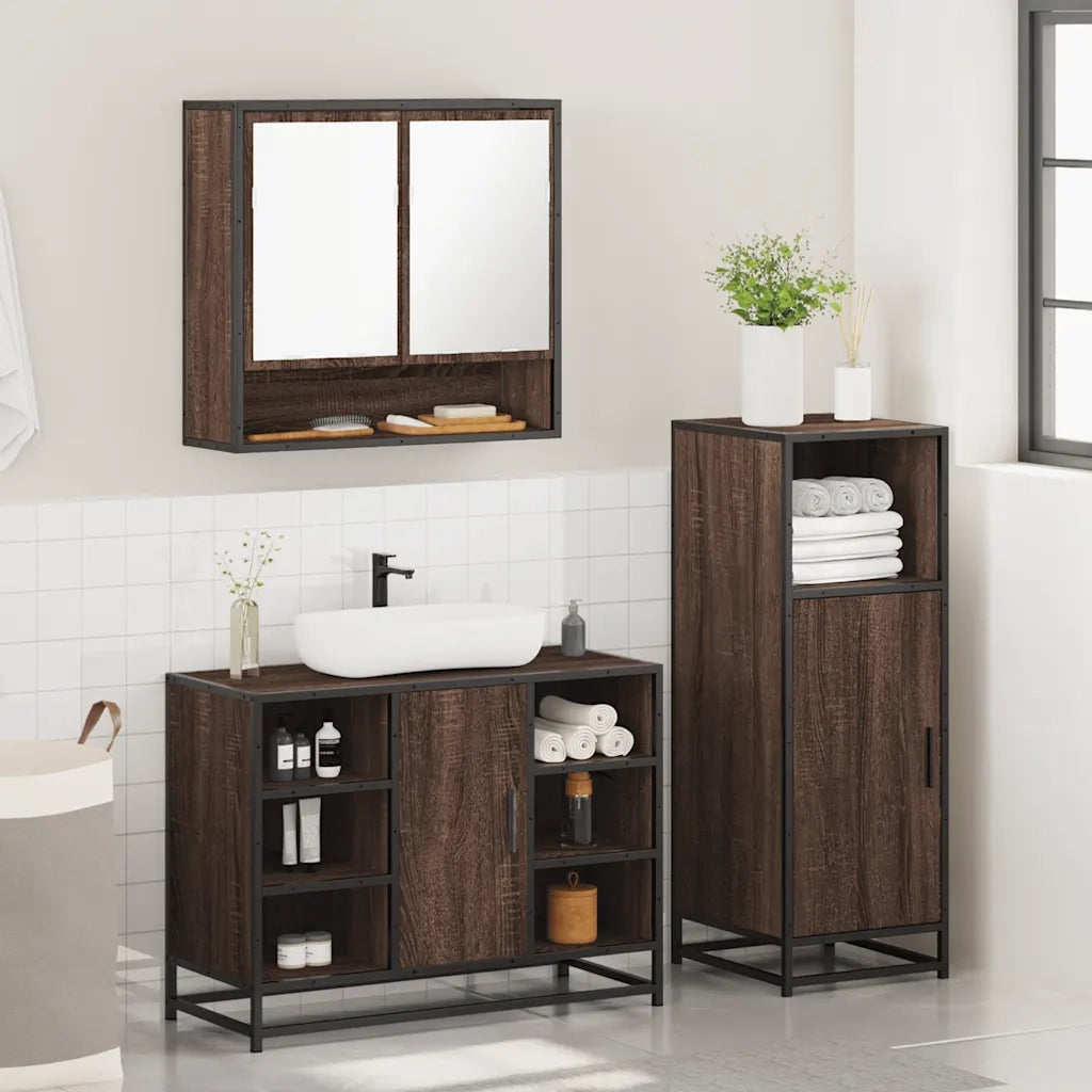 Set Mobili da Bagno 3 pz Rovere Marrone in Legno Multistrato