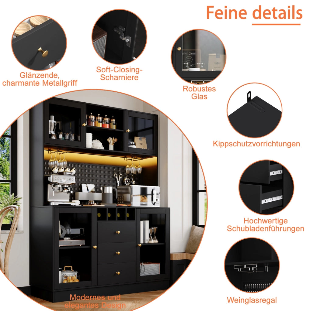 Colonna cucina con LED smart, portabottiglie e vetro, nera