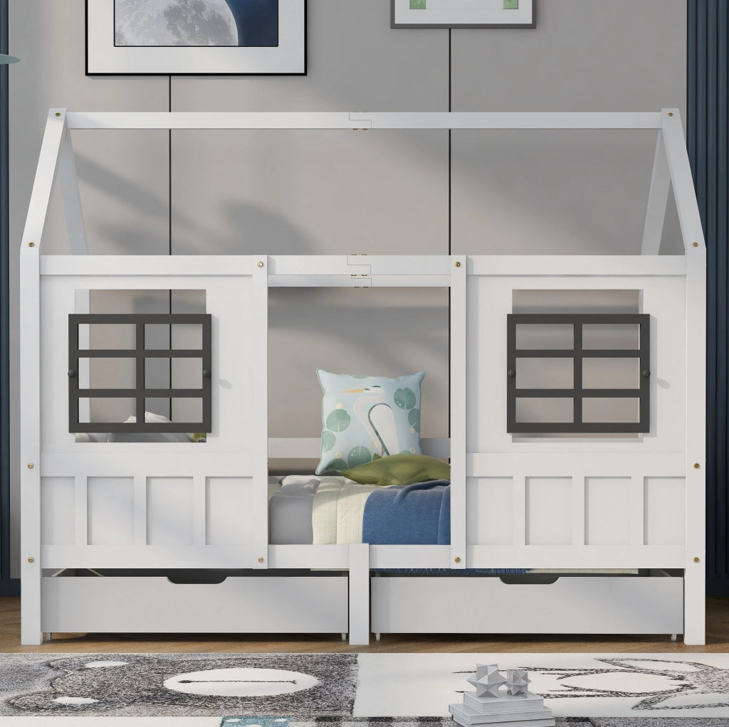 Letto a casetta per bambini 90x200 cm con 2 cassetti