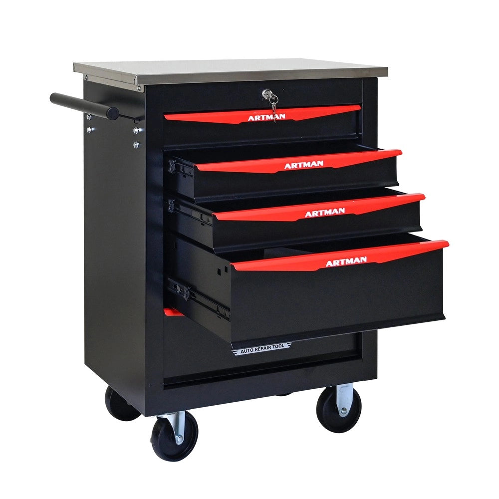Carrello Portautensili 5 Cassetti con Ruote ¨C MINIMAL ¨C Metallo, Piano in Acciaio, Nero e Rosso