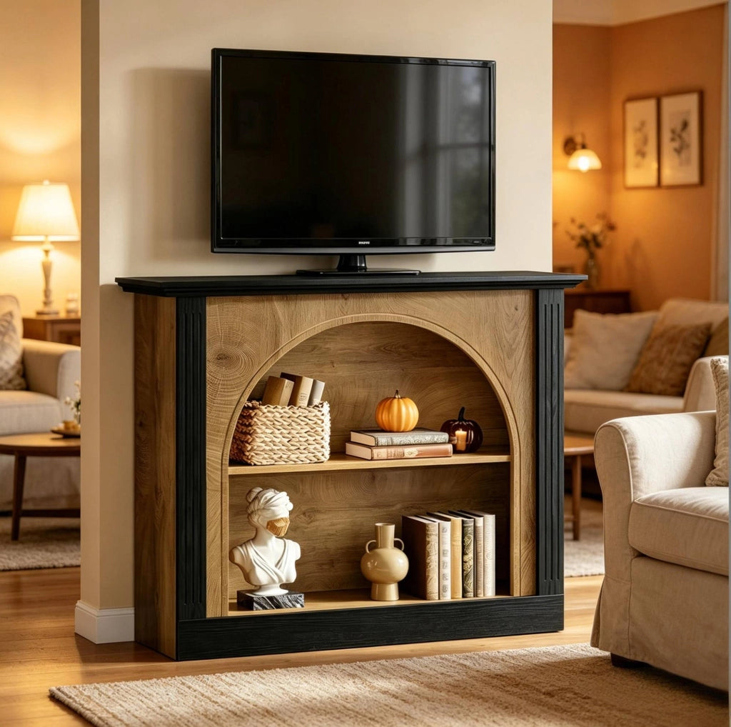 Tavolo consolle a 3 livelli in legno nero e rustico; piano 110 x 30 cm
