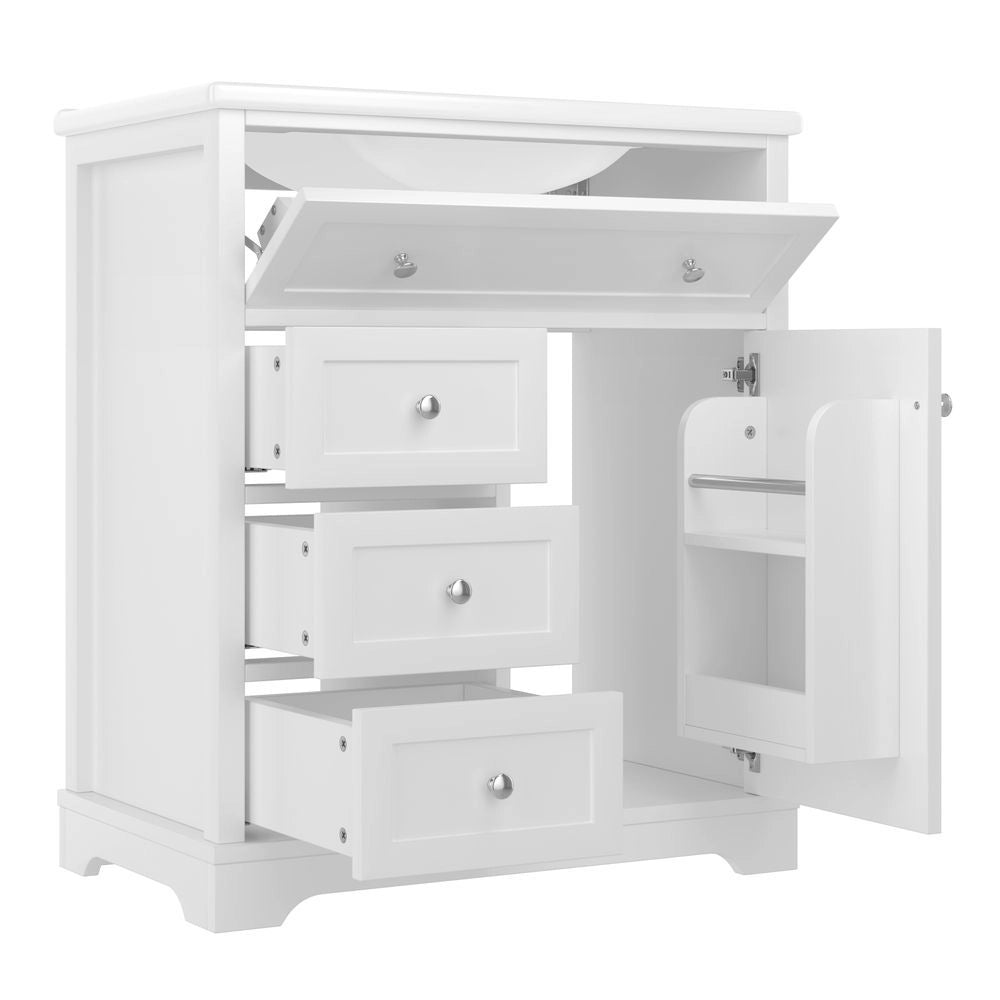 Mobile bagno con lavabo - Xylo - 76x46x87cm - Bianco - 3 cassetti chiusura morbida, ripiani porta, lavabo ceramica integrato